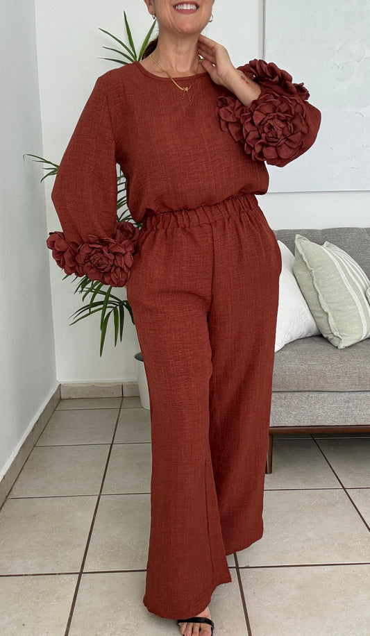 Brown Flowers Pants Set