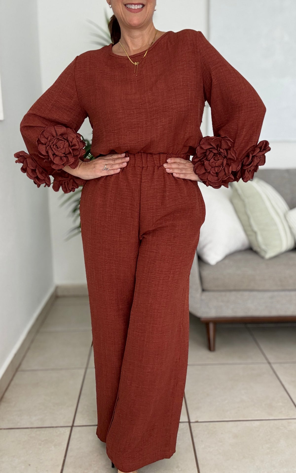 Brown Flowers Pants Set