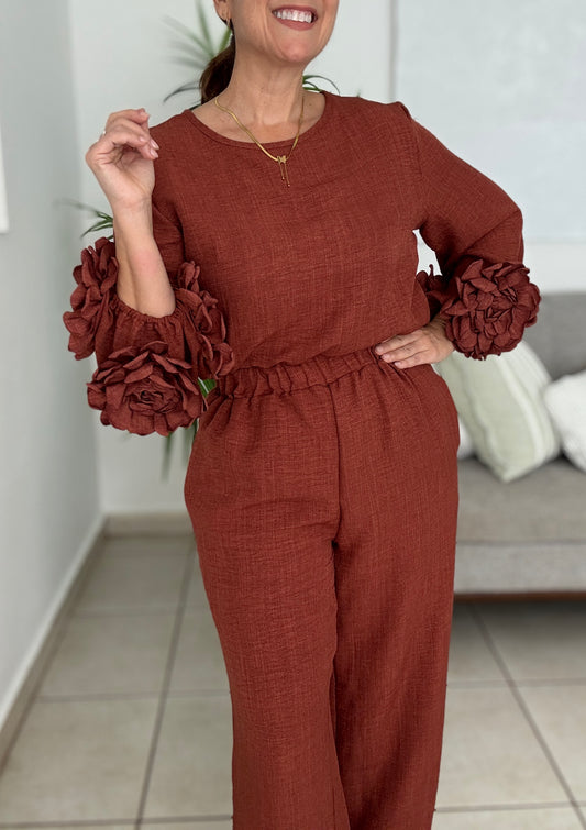 Brown Flowers Pants Set