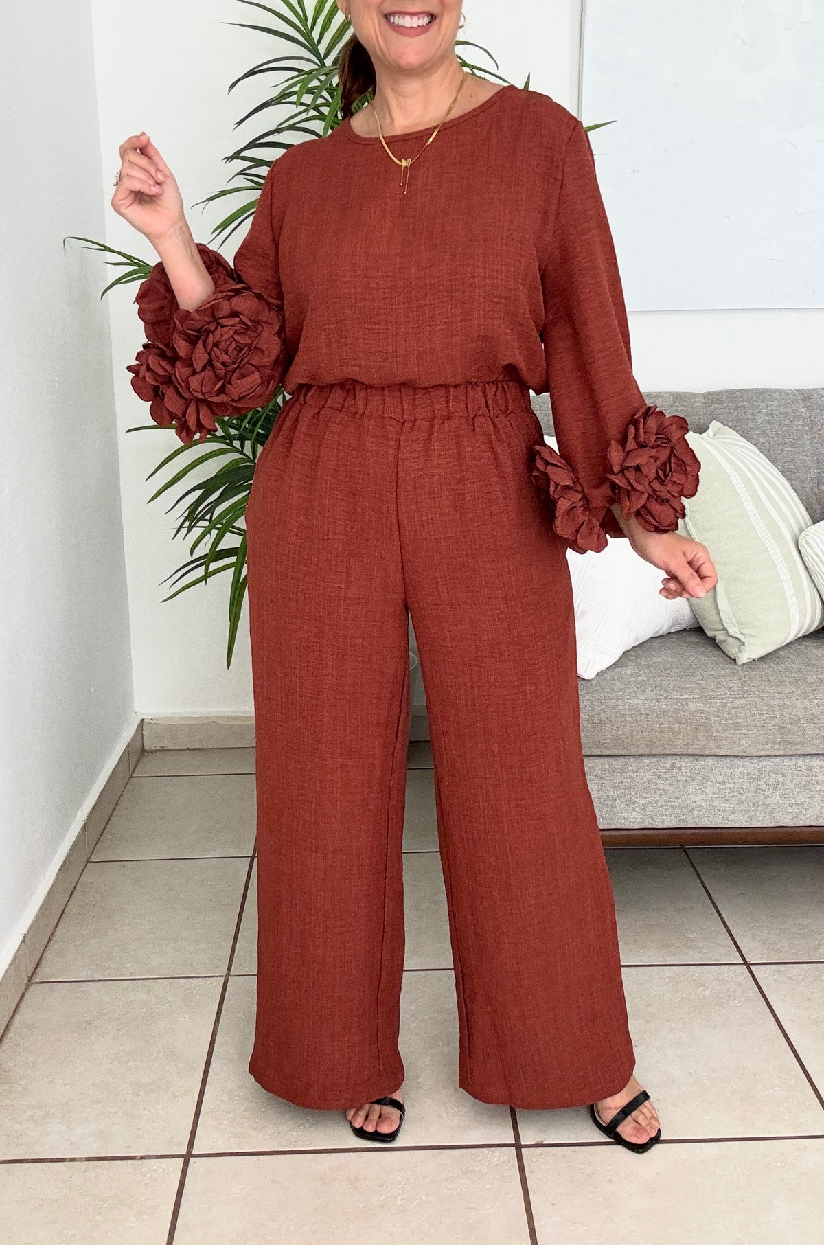 Brown Flowers Pants Set