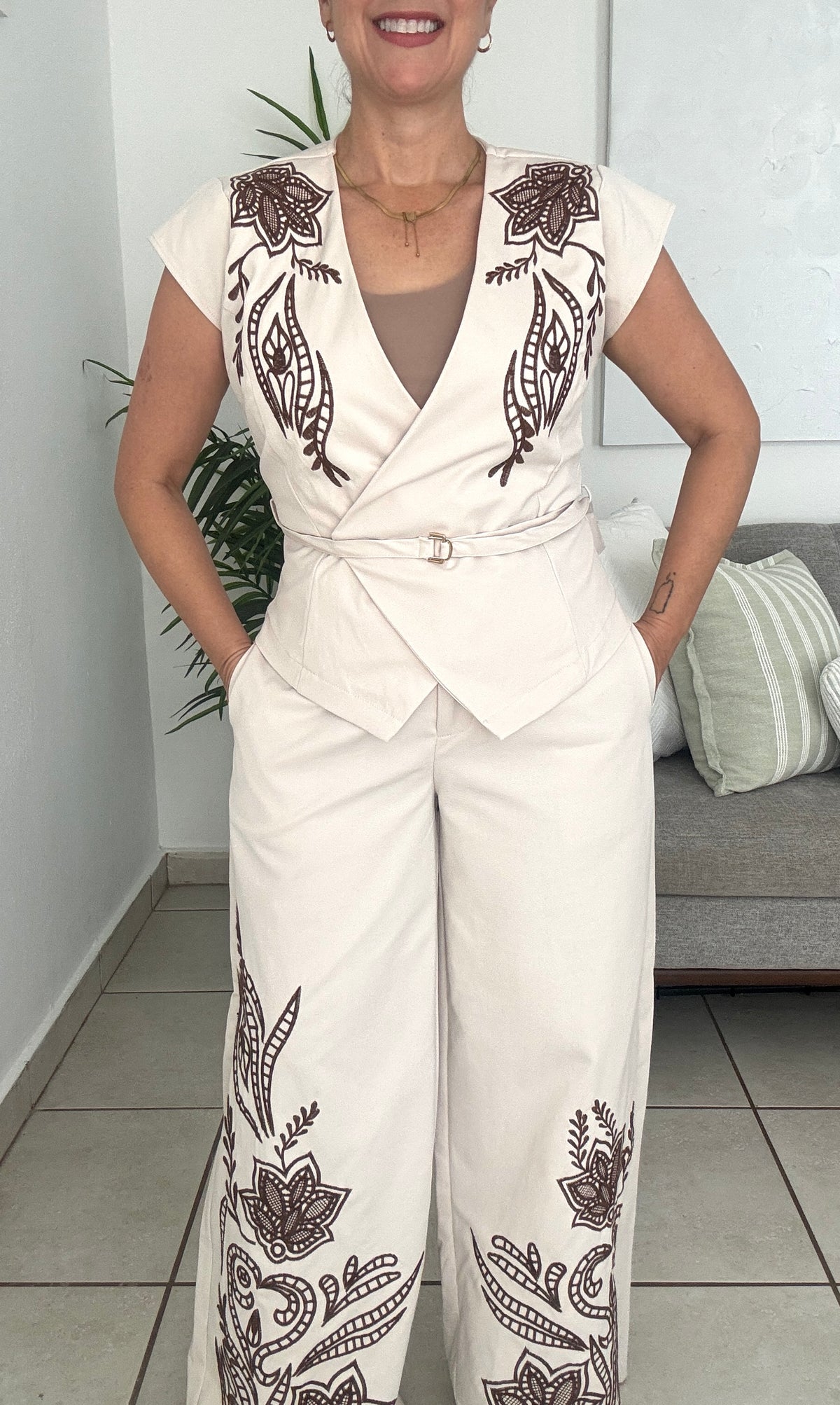 Brown Leaves Pants Set