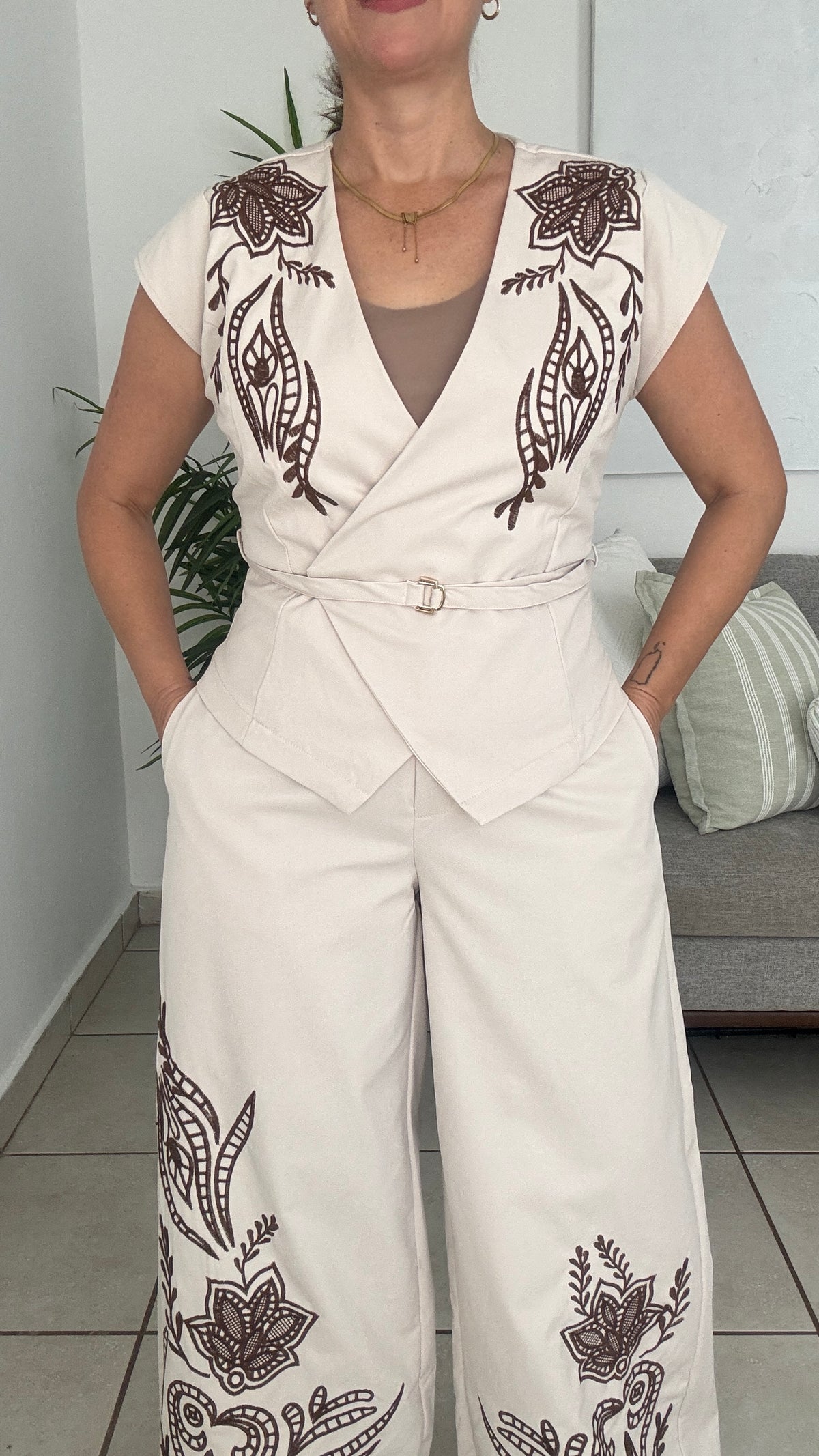 Brown Leaves Pants Set