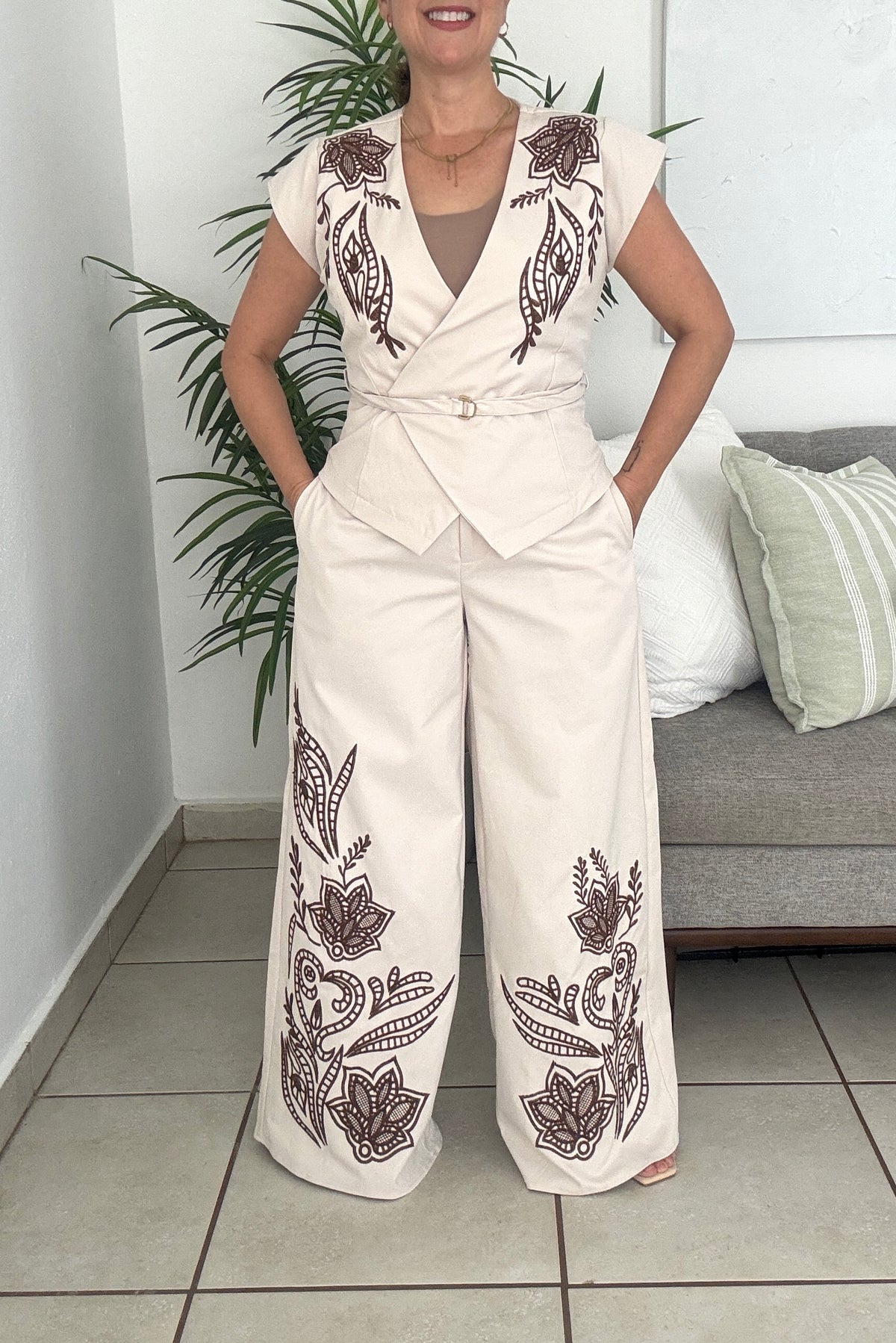 Brown Leaves Pants Set