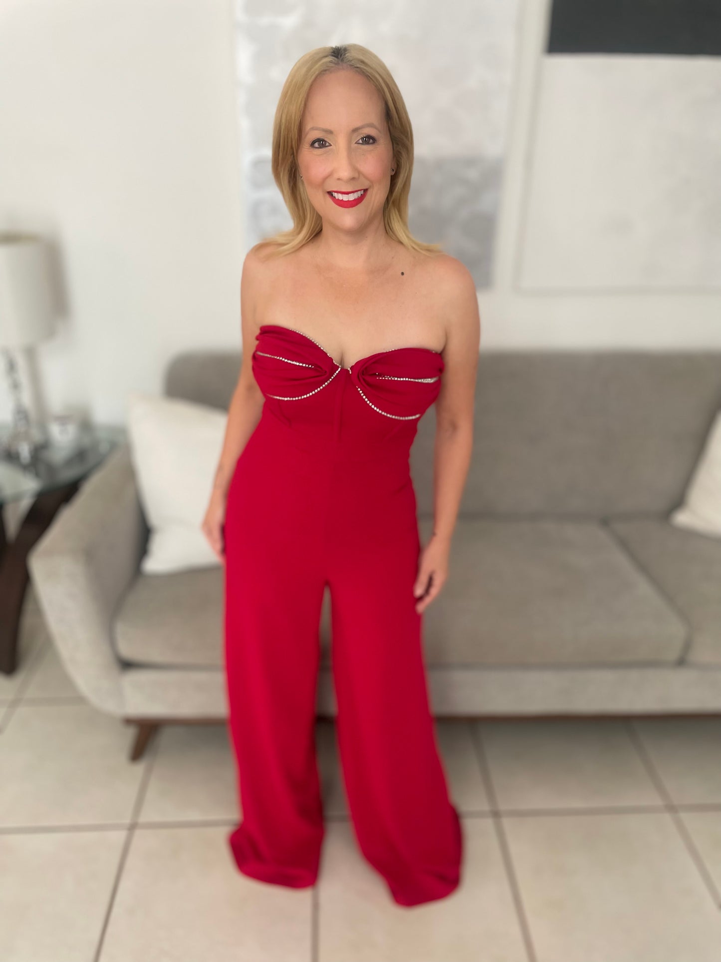 Elegant Rhinestone Red Jumpsuit