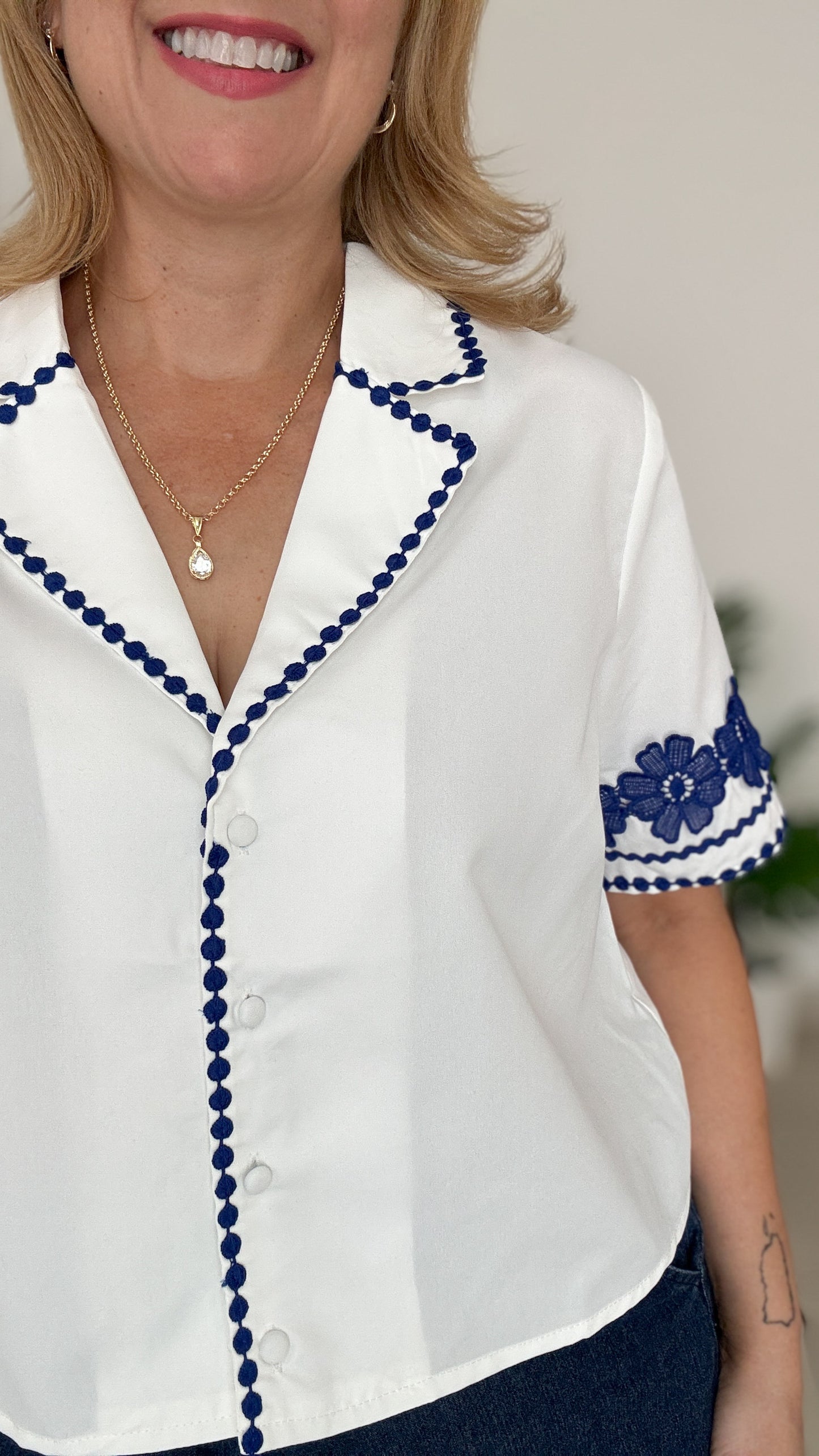 White & Blue Embroidery Top